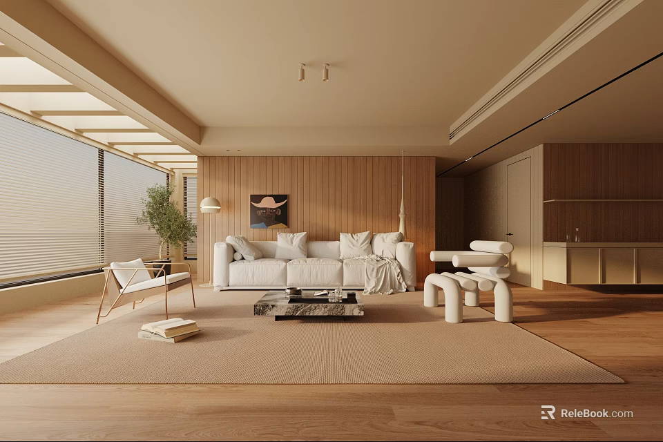 Modern Living Room Interior With Wooden Walls Large Windows White Sofa And Rug 3d model 
