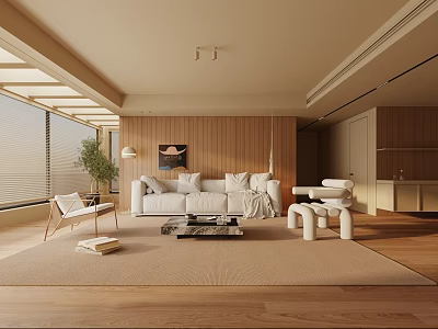 Modern Living Room Interior With Wooden Walls Large Windows White Sofa And Rug 3d model