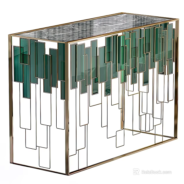 Modern Decorative Shelf Unit with Gold Metal Frame Green Transparent Glass Geometric Artistic Elements 3d model 