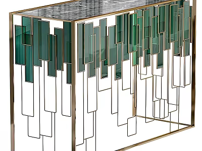 Modern Decorative Shelf Unit with Gold Metal Frame Green Transparent Glass Geometric Artistic Elements 3d model