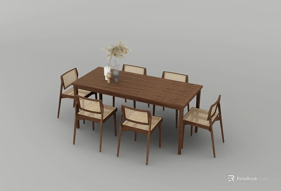 Wooden Dining Table Set With Six Woven Chairs And Vase Dried Flowers 3d model 