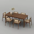 Wooden Dining Table Set With Six Woven Chairs And Vase Dried Flowers