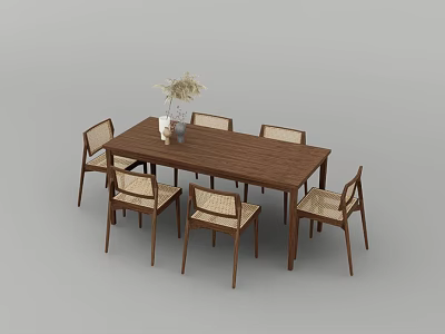 Wooden Dining Table Set With Six Woven Chairs And Vase Dried Flowers 3d model