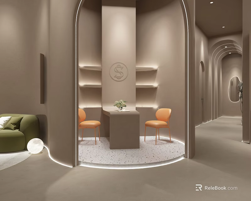 Elegant Warm Tone Beauty Salon Interior Design With Comfortable Waiting And Professional Consultation Area 3d model 