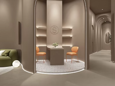 Elegant Warm Tone Beauty Salon Interior Design With Comfortable Waiting And Professional Consultation Area 3d model