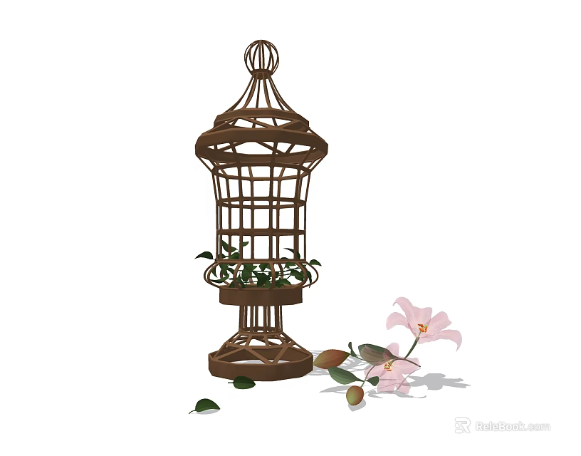 Brown Metal Decorative Ornament Set With Birdcage Design Green Plants And Pink Flowers 3d model 