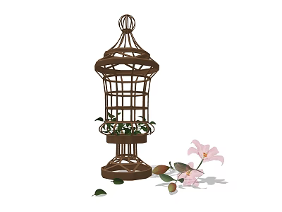 Brown Metal Decorative Ornament Set With Birdcage Design Green Plants And Pink Flowers 3d model