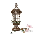 Brown Metal Decorative Ornament Set With Birdcage Design Green Plants And Pink Flowers