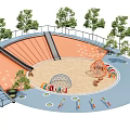 Park Playground Landscape With Orange Curved Structures Sand Area Climbing Structures Slide And Trees 3d model