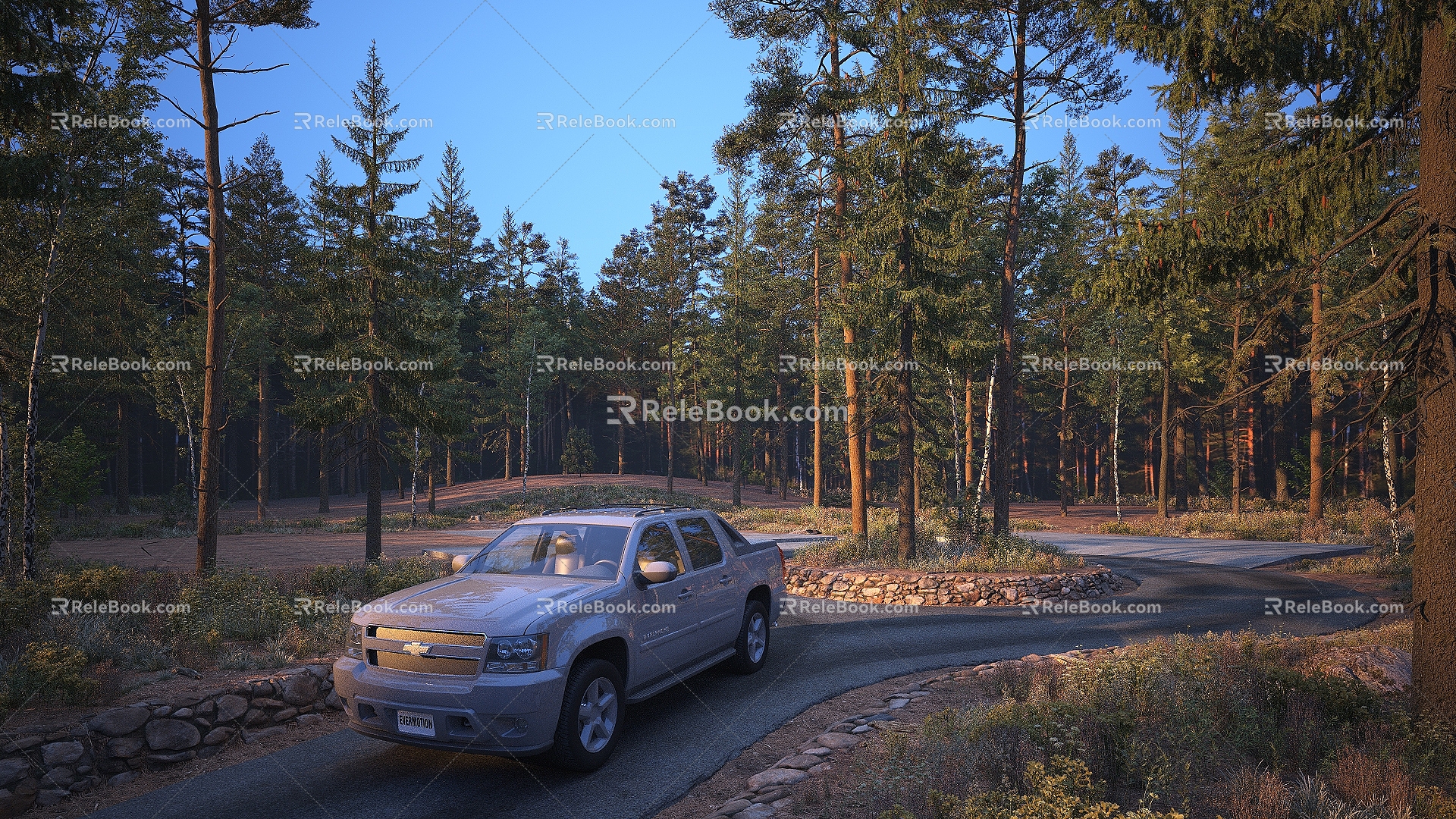 Outdoor Scene Driving a Car in the Deep Forest at Dusk 3d model