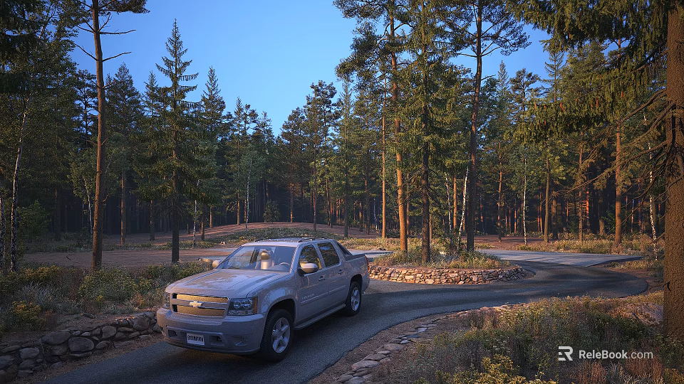 Scenic Forest Landscape With Winding Road Tall Trees Under Blue Sky And Silver Pickup Truck 3d model 