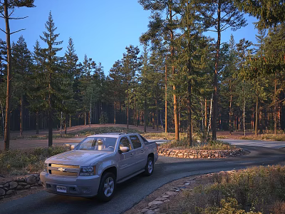 Scenic Forest Landscape With Winding Road Tall Trees Under Blue Sky And Silver Pickup Truck 3d model