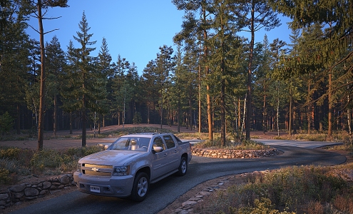 Outdoor Scene Driving a Car in the Deep Forest at Dusk 3d model