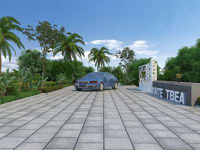 Road Infrastructure Featuring Gray Brick Pavement Blue Car Green Plants And White Tea Signboard 3d model