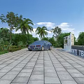 Road Infrastructure Featuring Gray Brick Pavement Blue Car Green Plants And White Tea Signboard