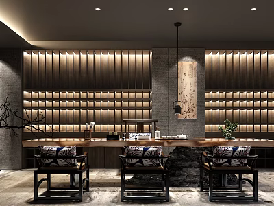 Traditional Chinese Tea Room Interior With Wooden Lattice And Long Table 3d model