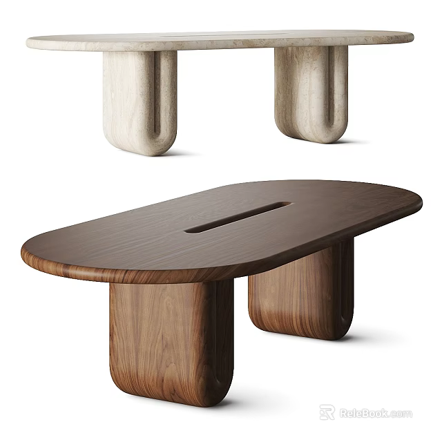 Minimalist Wooden Oval Dining Table With Unique Solid Legs And Smooth Walnut Tabletop Design 3d model 