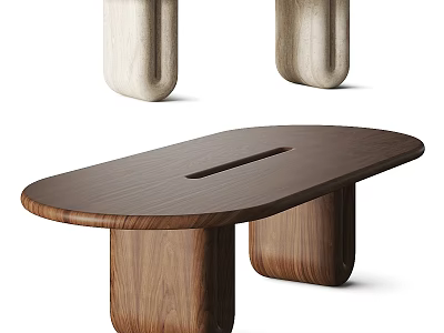 Minimalist Wooden Oval Dining Table With Unique Solid Legs And Smooth Walnut Tabletop Design 3d model