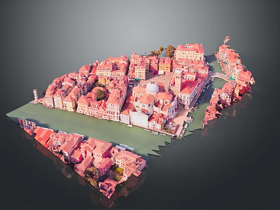 Modern 3D Townscape Model with Red Rooftops Square Dome Building and Green Areas 3d model