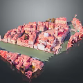 Modern 3D Townscape Model with Red Rooftops Square Dome Building and Green Areas 3d model