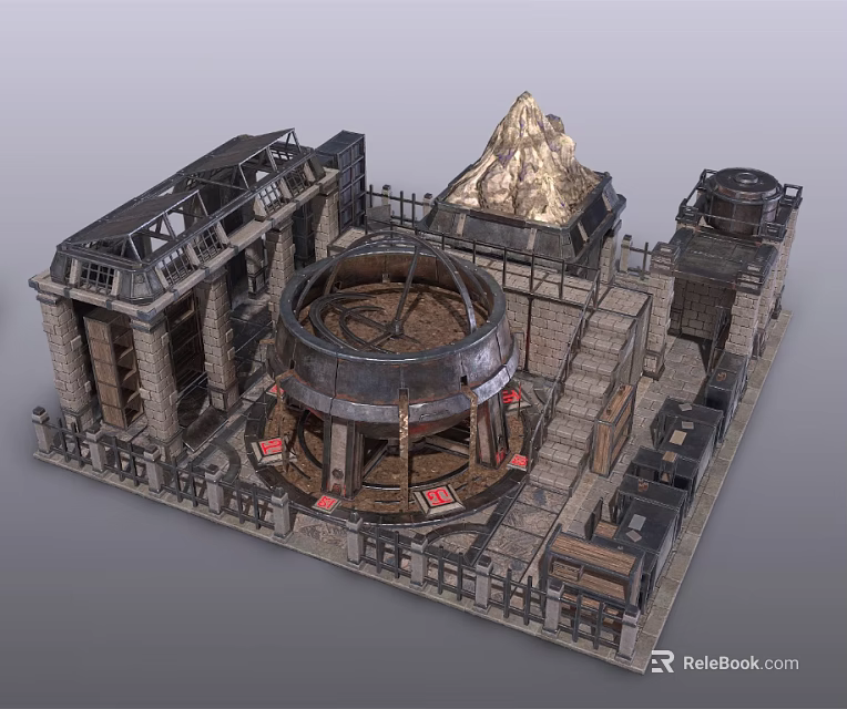 Industrial Brick Architectural Model Featuring Circular Structure Volcano Like Peak Metal Fence And Staircase 3d model 