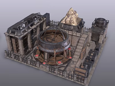Industrial Brick Architectural Model Featuring Circular Structure Volcano Like Peak Metal Fence And Staircase 3d model