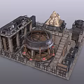 Industrial Brick Architectural Model Featuring Circular Structure Volcano Like Peak Metal Fence And Staircase