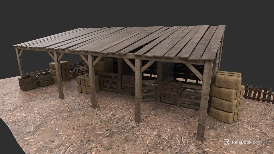 Rustic Garden Landscape With Wooden Roofed Shelter Hay Bales Crates And Dirt Ground 3d model 