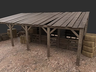 Rustic Garden Landscape With Wooden Roofed Shelter Hay Bales Crates And Dirt Ground 3d model