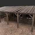 Rustic Garden Landscape With Wooden Roofed Shelter Hay Bales Crates And Dirt Ground