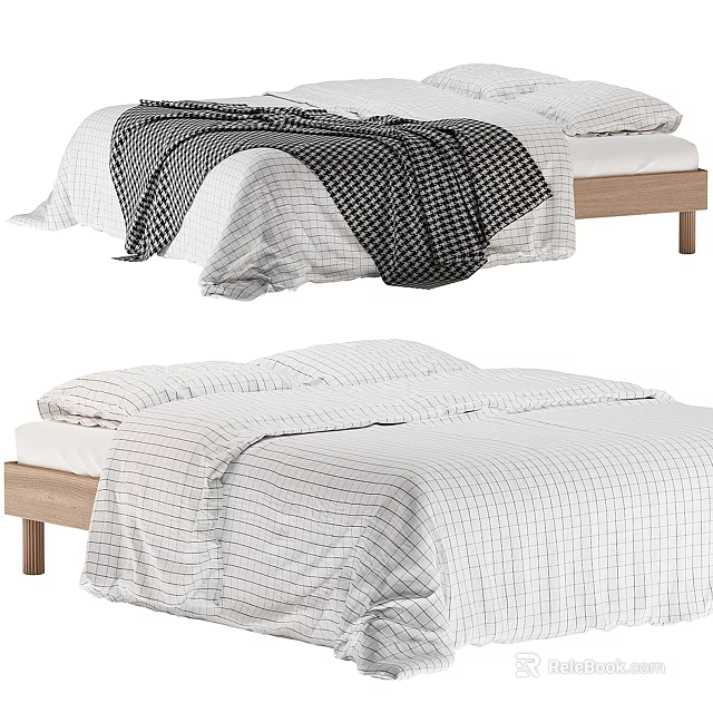 Simple Style Double Bed With Wooden Frame Checkered Bedspread Black And White Blanket And Pillows 3d model 