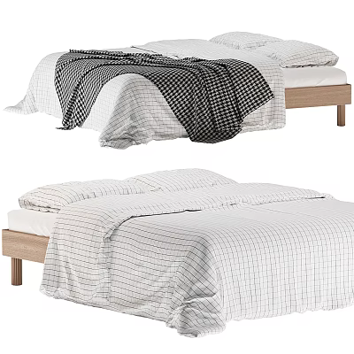 Simple Style Double Bed With Wooden Frame Checkered Bedspread Black And White Blanket And Pillows 3d model