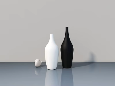 Minimalist White And Black Vases With Small White Decoration On Blue Tabletop 3d model