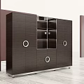 Modern Office Desk Design With Dark Brown Storage Cabinets Glass Doors And Circular Accents