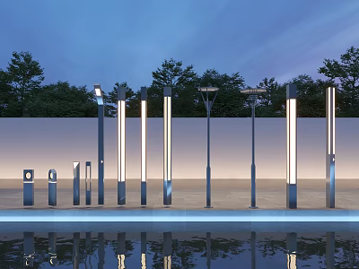 Modern Outdoor Lights for Garden Landscape with Metal Pillar Design and Water Reflection 3d model