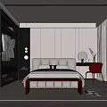 Modern Bedroom Interior Design With Upholstered Bed Red Chair Glass Wardrobe And Large Window