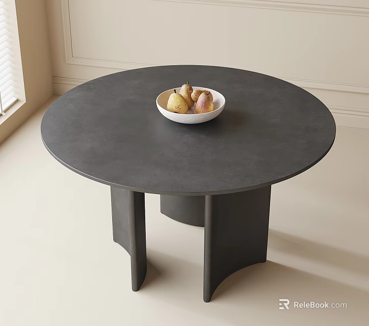 Round Gray Dining Table with White Bowl of Pears and Unique Black Legs Near Window 3d model 