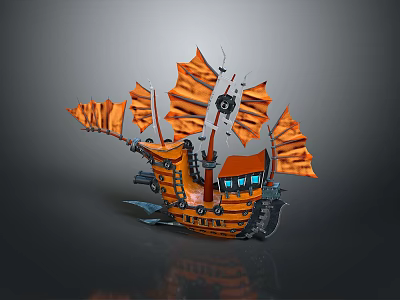 Ornate Fantasy Ship Model with Orange Sails Wooden Hull and Mechanical Details 3d model
