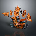 Ornate Fantasy Ship Model with Orange Sails Wooden Hull and Mechanical Details