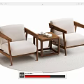 Two Modern Single Armchairs With Wooden Frame Light Cushions And Small Table On Round Rug