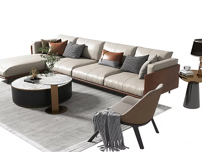 Stylish Light Leather Sofa and Marble Coffee Table Set with Accent Pillows and Side Table 3d model