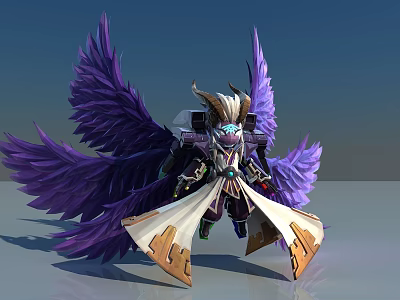 Game Character With Purple Feathered Wings Horns And Gold White Decorative Armor 3d model