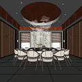 Elegant Chinese Private Dining Room With Round Table White Bird Shaped Chandelier And Wooden Panels