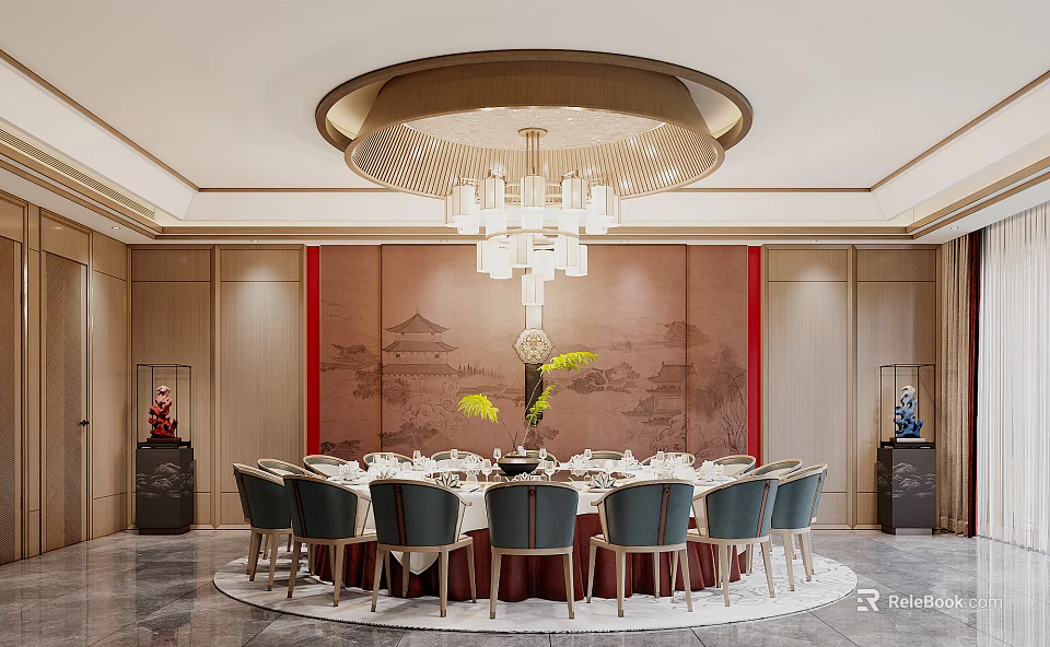 Chinese Style Private Dining Room With Round Table Chandelier And Landscape Screen 3d model 