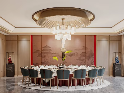 Chinese Style Private Dining Room With Round Table Chandelier And Landscape Screen 3d model