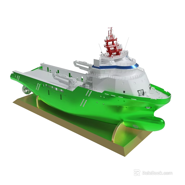 Detailed Green And White Ship Model With Red Top Structure On Brown Base 3d model 