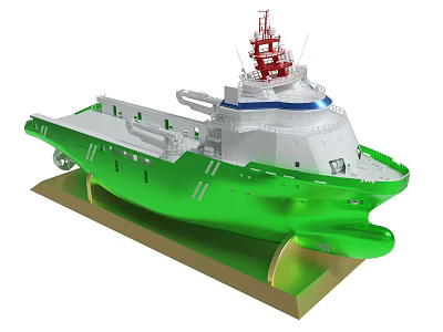Detailed Green And White Ship Model With Red Top Structure On Brown Base 3d model