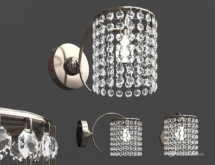 Modern Wall Mounted Crystal Light With Silver Metal Frame And Transparent Hanging Crystals 3d model 