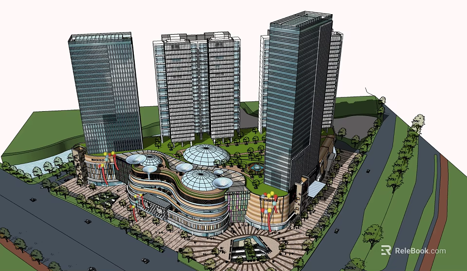 Modern Commercial Landscape With High Rise Buildings Circular Rooftops And Greenery 3d model 