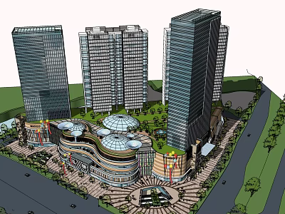 Modern Commercial Landscape With High Rise Buildings Circular Rooftops And Greenery 3d model